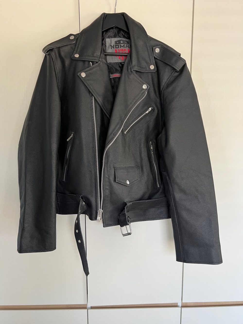 Nomad Man Black Leather Biker Jacket with Silver Hardware